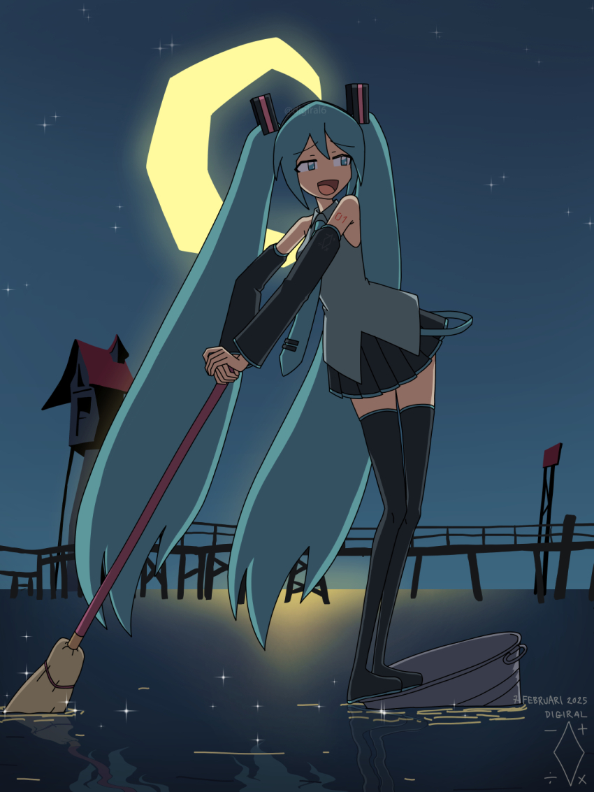 1girl arm_tattoo bare_shoulders black_boots black_skirt black_sleeves blue_eyes blue_hair blue_necktie blue_stripes boots broom collared_shirt crescent_moon detached_sleeves digiral grey_shirt hair_ornament hairclip hatsune_miku highres holding holding_broom legs long_hair looking_ahead looking_to_the_side miniskirt moon music necktie night night_sky number_tattoo ocean open_mouth paddling scene_reference shirt signature singing skirt sky sleeveless sleeveless_shirt smile solo standing_on_object star_(sky) striped_clothes striped_skirt striped_sleeves tattoo thigh_boots thighhighs thighs tom_and_jerry twintails very_long_hair vocaloid zettai_ryouiki