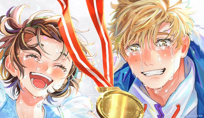 1boy 1girl :d akeuraji_tsukasa blonde_hair blue_coat brown_hair coat crying fur-trimmed_coat fur_trim gold_medal happy_tears highres medalist_(manga) mole mole_under_eye open_mouth sasakura34 smile tearing_up tears teeth yuitsuka_inori