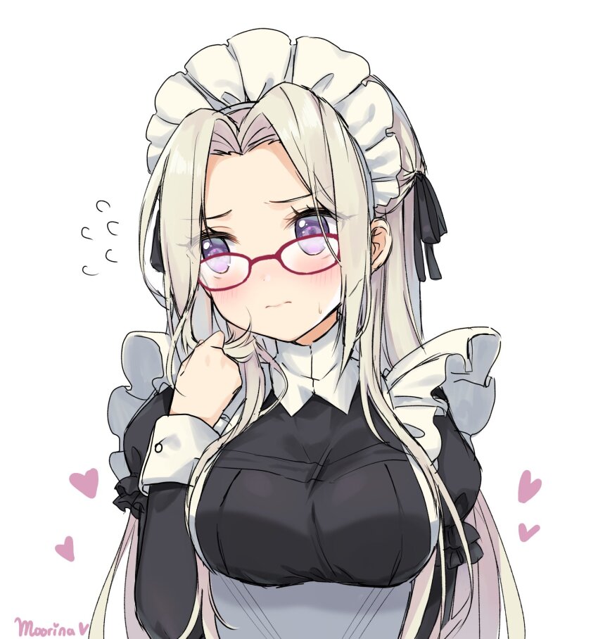 1girl 3: alternate_costume artist_name black_ribbon blush breasts closed_mouth commentary dress edelgard_von_hresvelg embarrassed english_commentary enmaided fire_emblem fire_emblem:_three_houses flying_sweatdrops glasses grey_hair hair_ornament hair_ribbon hand_in_own_hair hand_up heart highres juliet_sleeves large_breasts long_hair long_sleeves looking_to_the_side looking_up maid maid_headdress medium_breasts moorina nintendo parted_bangs puffy_sleeves purple_eyes red-framed_eyewear ribbon simple_background solo spoken_heart standing upper_body white_background