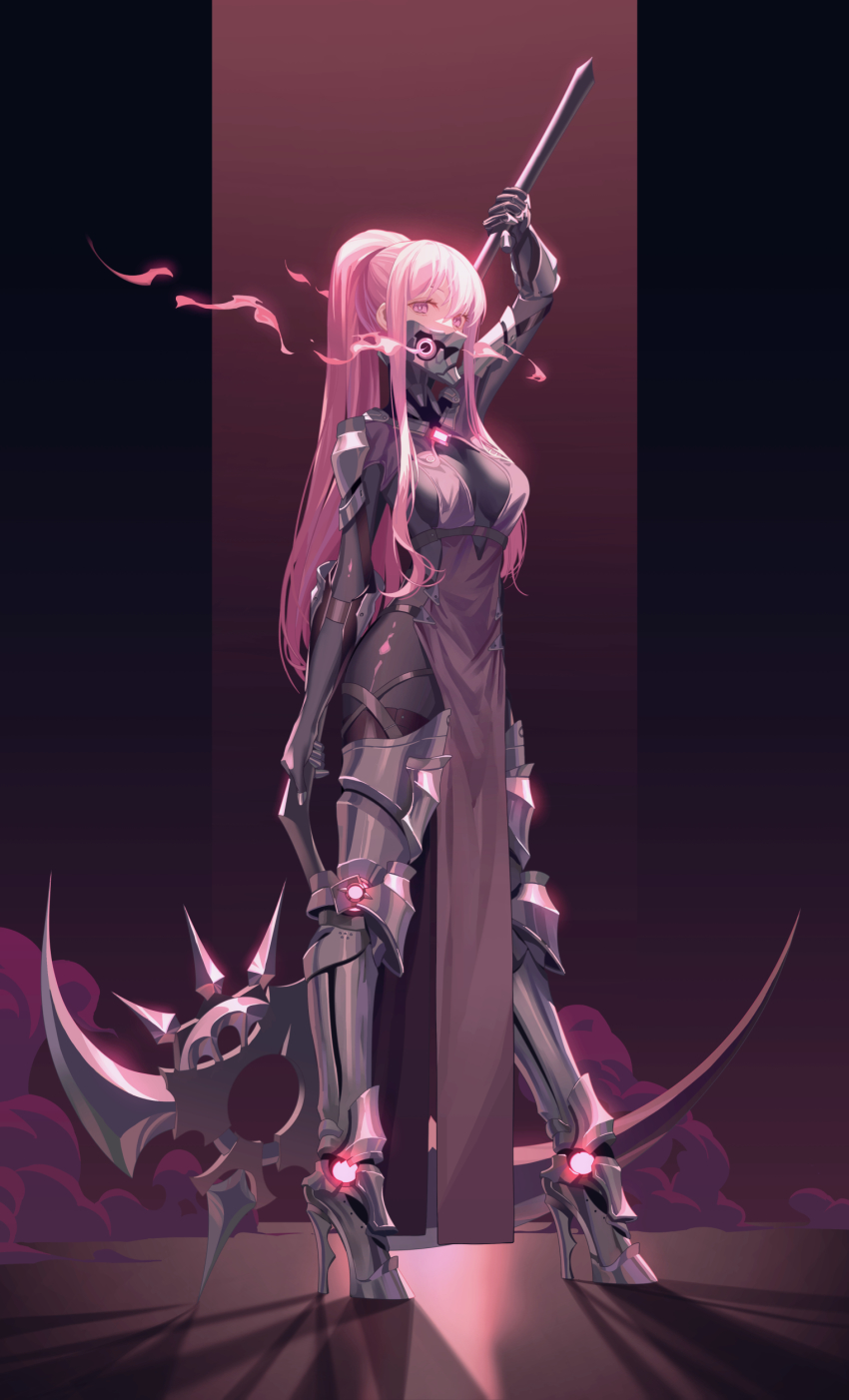 1girl absurdres alternate_costume armor armored_boots bodysuit boots breasts commentary_request commission full_body high_heel_boots high_heels highres holding holding_scythe holding_weapon hololive hololive_english long_hair looking_at_viewer mask medium_breasts mori_calliope mouth_mask pelvic_curtain pink_eyes pink_hair ponytail scythe shoulder_armor skeb_commission smoke solo standing thigh_boots thighhighs tsuki-shigure virtual_youtuber weapon