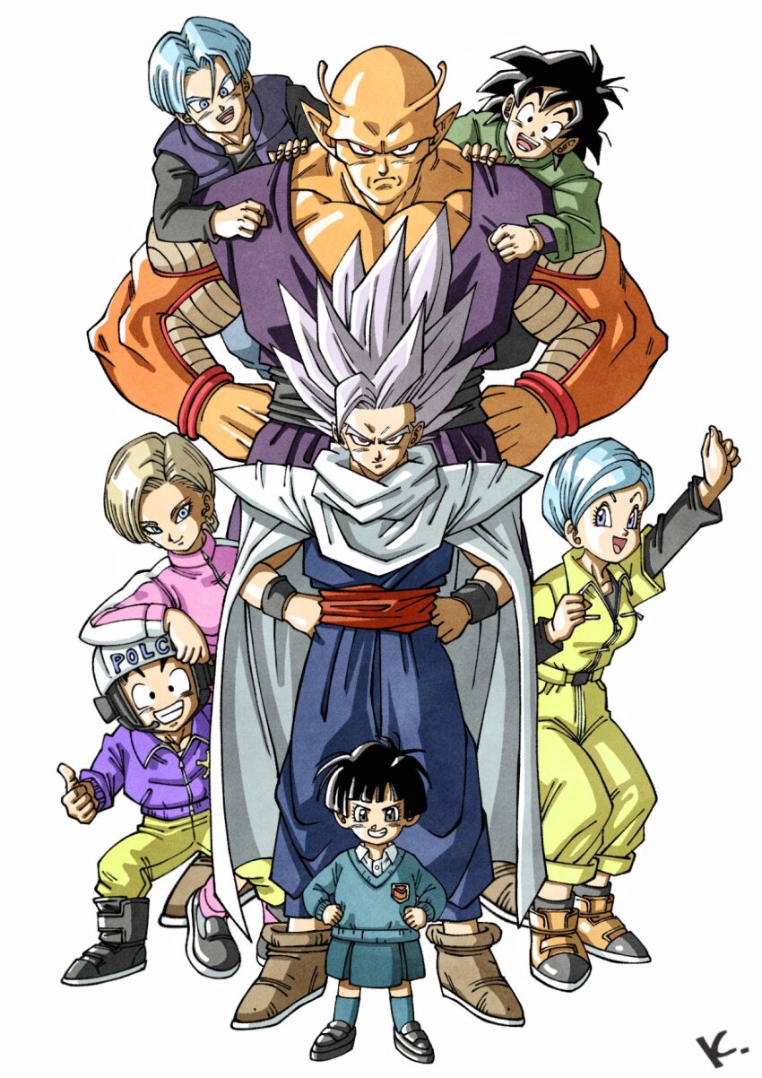 3girls 5boys android_18 antennae bald black_hair black_sash black_shirt blonde_hair blue_hair blue_skirt blue_sweater blue_vest bulma cape child chinese_clothes colored_skin dougi dragon_ball dragon_ball_super dragon_ball_super_super_hero full_body gohan_beast green_jacket group_picture highres jacket kakeru_(dbskakeru) kuririn long_hair medium_hair multiple_boys multiple_girls no_eyebrows orange_piccolo orange_skin pan_(dragon_ball) pants piccolo pink_jacket pointy_ears purple_jacket purple_pants purple_shirt red_eyes red_sash sash shirt short_hair simple_background skirt smirk son_gohan son_goten sweater trunks_(dragon_ball) vest white_background white_cape white_hair white_shirt yellow_shirt