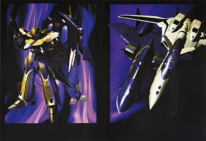 1990s_(style) guld_goa_bowman highres isamu_dyson macross macross_plus mecha no_humans official_art retro_artstyle robot tenjin_hidetaka yf-19 yf-21