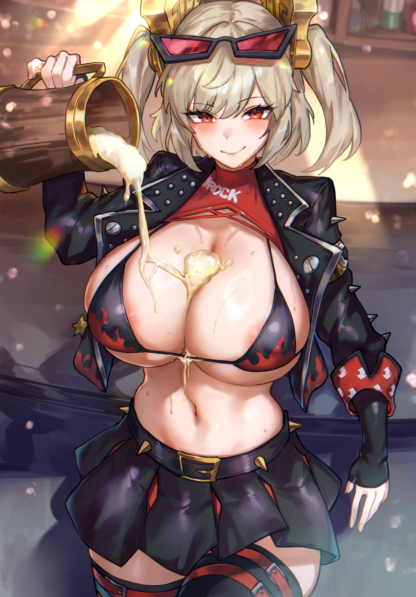 1girl absurdres black_jacket black_skirt black_tube_top blonde_hair blush breasts burnice_white cleavage eyewear_on_head gloves highres jacket large_breasts long_sleeves looking_at_viewer medium_hair navel radishkek red_eyes skirt smile solo strapless sunglasses tube_top twintails zenless_zone_zero