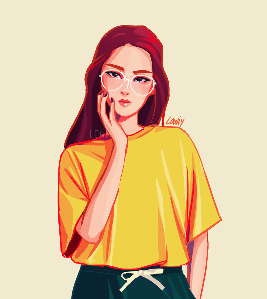 1girl artist_name blackpink closed_mouth cowboy_shot glasses hand_on_own_cheek hand_on_own_face highres jisoo_(blackpink) k-pop long_hair lowiy pink_lips purple_nails real_life red_hair shirt simple_background solo yellow_background yellow_shirt