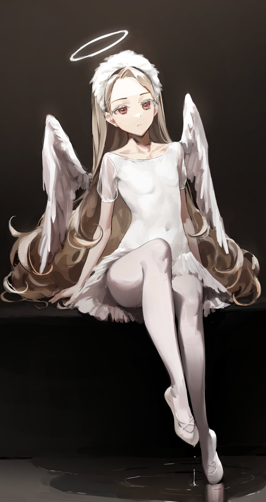 1girl absurdres albino ballerina ballet_slippers blonde_hair colored_eyelashes flat_chest full_body halo highres legs leotard long_hair original pale_skin pantyhose pepperdevil petite red_eyes sitting skinny solo tutu very_long_hair white_pantyhose