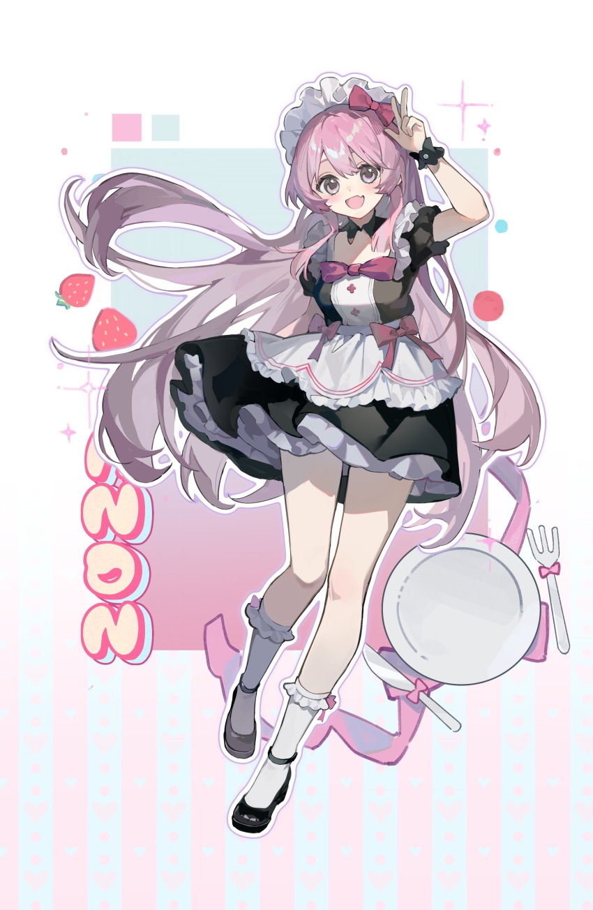 1girl :d absurdres alternate_costume apron bang_dream! bang_dream!_it&#039;s_mygo!!!!! black_dress black_footwear bow character_name chihaya_anon dress enmaided fang fork frilled_apron frills full_body hair_bow hand_up heart highres knife long_hair looking_at_viewer maid maid_headdress open_mouth petticoat pink_bow pink_hair plate puffy_short_sleeves puffy_sleeves shoes short_sleeves skin_fang smile socks solo sparkle standing very_long_hair w waist_apron white_apron white_socks wrist_cuffs yuki_(miyuki_kii)