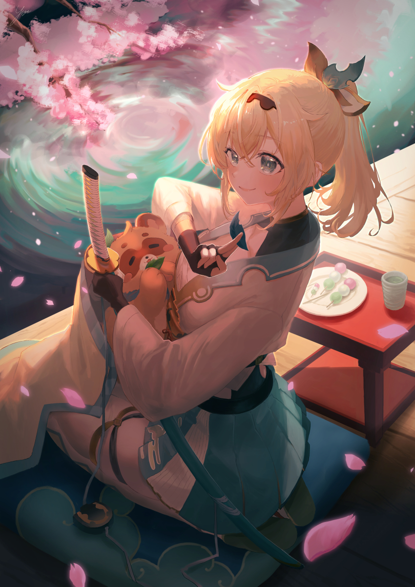 1girl absurdres aqua_eyes blonde_hair blue_eyes blush breasts chest_sarashi fingerless_gloves gloves hair_between_eyes hair_ornament hairband haori highres holding hololive japanese_clothes kazama_iroha long_hair looking_at_viewer ponytail sarashi skirt smile solo virtual_youtuber weapon yellow_haori yufuyuruuu