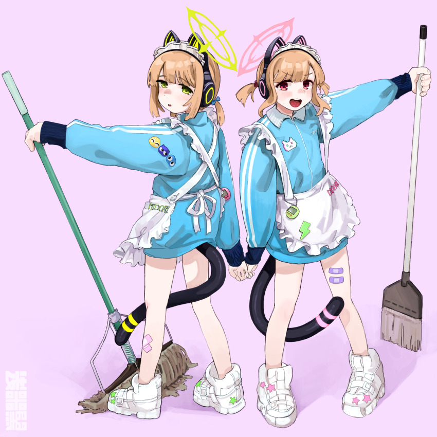 2girls animal_ear_headphones animal_ears apron aqua_jacket bandaid bandaid_on_leg blue_archive blush broom cat_ear_headphones character_name clothes_writing commentary fake_animal_ears full_body green_eyes headphones highres holding holding_broom holding_mop jacket jersey_maid kuro4221 long_sleeves looking_at_viewer maid maid_headdress midori_(blue_archive) midori_(maid)_(blue_archive) momoi_(blue_archive) momoi_(maid)_(blue_archive) mop multiple_girls open_mouth orange_hair parted_lips pink_background red_eyes shoes siblings simple_background sisters sneakers standing tail track_jacket twins unconventional_maid white_apron white_footwear