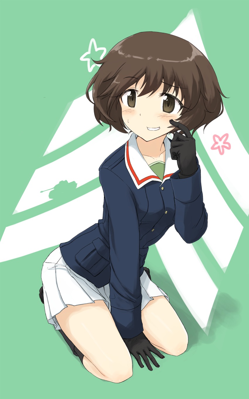 10s 1girl akiyama_yukari between_legs blush brown_hair embarrassed female_focus girls_und_panzer gloves grin hand_between_legs hand_on_own_cheek hand_on_own_face highres looking_to_the_side makaze_(t-junction) military military_vehicle motor_vehicle school_uniform seiza short_hair silhouette sitting smile solo tank vehicle