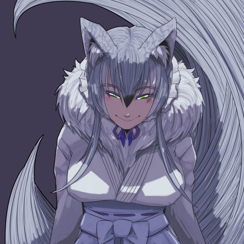 1girl absurdres animal_ear_fluff animal_ears arms_at_sides black_hair closed_mouth collar forked_eyebrows frilled_collar frills fur_collar green_eyes grey_hair hair_between_eyes half-closed_eyes highres irimo_(knhg3432) japanese_clothes kemono_friends kemono_friends_3 kimono long_sleeves long_tail looking_at_viewer makami_(kemono_friends) multicolored_hair multiple_tails neck_ribbon ribbon sash shaded_face short_hair_with_long_locks simple_background slit_pupils smile solo straight-on tail two-tone_hair underwear upper_body wolf_ears wolf_girl wolf_tail