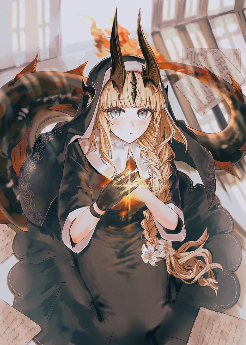 1girl arknights black_dress black_gloves black_horns black_tail blonde_hair blush braid closed_mouth coif commentary_request diffraction_spikes dress fire flame-tipped_tail flower full_body gloves green_eyes hair_flower hair_ornament headscarf highres horns indoors joul_0704 kneeling long_dress long_hair looking_at_viewer magic official_alternate_costume on_floor own_hands_together paper reed_(arknights) reed_the_flame_shadow_(arknights) reed_the_flame_shadow_(curator)_(arknights) ribbon-trimmed_dress ribbon_trim single_glove solo tail veil white_flower wristband