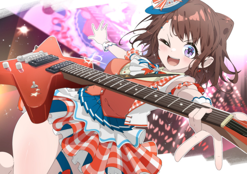 1girl absurdres bang_dream! brown_hair concert dress dutch_angle electric_guitar guitar hair_ears highres instrument one_eye_closed open_mouth orange_dress purple_eyes smile solo thighs toyama_kasumi urasuka