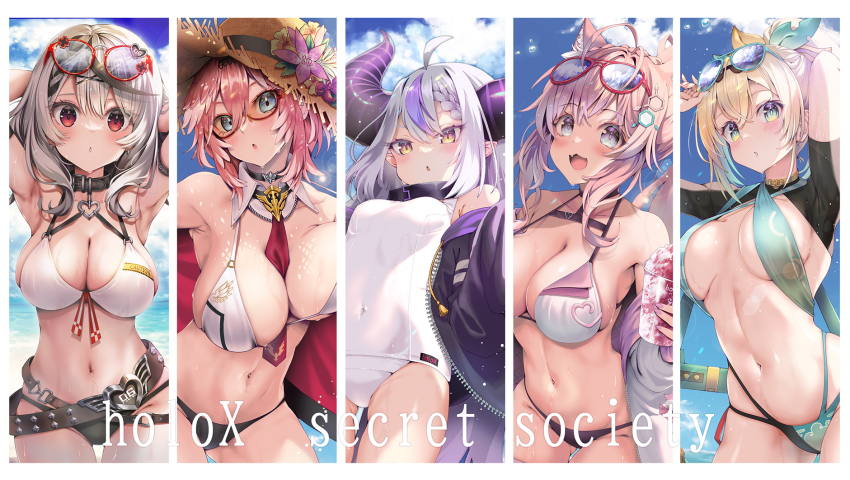 5girls :d alternate_breast_size animal_ears antenna_hair bare_shoulders between_breasts bikini black_bikini black_collar blonde_hair blue_eyes braid breasts cleavage collar cup demon_horns detached_collar eyewear_on_head green_bikini green_eyes hair_between_eyes hair_ornament hair_ribbon hakui_koyori halterneck hat head_wings highres holding holding_cup hololive holox horns jacket kazama_iroha kubota_masaki la+_darknesss large_breasts long_hair long_sleeves looking_at_viewer medium_hair mismatched_bikini multicolored_hair multiple_girls navel necktie necktie_between_breasts one-piece_swimsuit open_clothes open_jacket open_mouth parted_lips pink_hair purple_hair red_eyes red_necktie ribbon sakamata_chloe short_sleeves silver_hair slingshot_swimsuit small_breasts smile stomach straw_hat streaked_hair string_bikini sunglasses swimsuit takane_lui very_long_hair virtual_youtuber white_bikini white_one-piece_swimsuit wings x_hair_ornament yellow_eyes