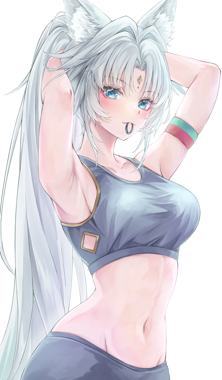 1girl absurdres animal_ear_fluff animal_ears armpits arms_up black_shirt black_shorts breasts collarbone commentary cowboy_shot crop_top feixiao_(fitness)_(honkai:_star_rail) feixiao_(honkai:_star_rail) forehead_jewel fox_ears fox_girl green_eyes hair_tie_in_mouth highres honkai:_star_rail honkai_(series) large_breasts light_blush linea_alba long_hair looking_at_viewer midriff mizuasagi35181 mouth_hold navel official_alternate_costume parted_bangs ponytail shirt shorts sidelocks simple_background solo stomach tying_hair upper_body very_long_hair white_background white_hair workout_clothes