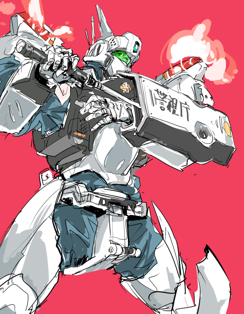 av-98_ingram baton baton_(weapon) expandable_baton head_tilt highres holding holding_weapon kidou_keisatsu_patlabor looking_down mecha no_humans osakana_(denpa_yun&#039;yun) police red_background robot science_fiction sketch solo visor weapon