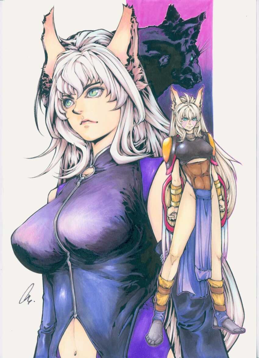 1girl andy_seto animal_ears armor black_panther blue_eyes breasts cat_ears chinese_commentary clothing_cutout commentary cyber_weapon_z english_commentary frown groin highres large_breasts long_hair marker_(medium) medium_breasts mixed-language_commentary navel navel_cutout panther pelvic_curtain rosaland_(cyber_weapon_z) serious shoulder_armor signature slit_pupils traditional_media white_hair