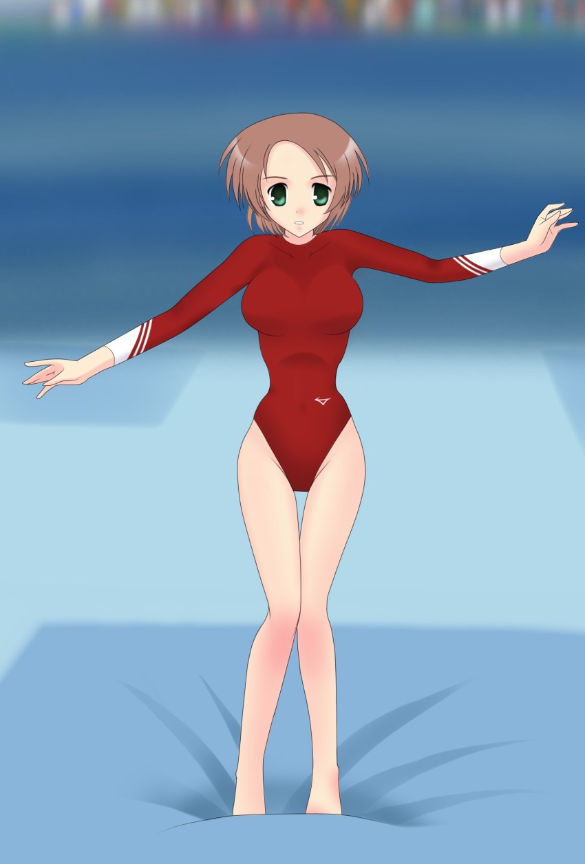 1girl brown_hair green_eyes gymnastics highres ishida_aiko leotard red_leotard tetsudou_musume