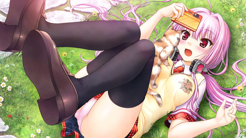 1girl ass bad_tag black_thighhighs blush breasts cat daitoshokan_no_hitsujikai dress eyelashes from_above game_cg grass hair_between_eyes hand_up holding holding_phone leg_focus legs long_hair looking_at_another official_art open_mouth panties phone pink_hair pink_panties red_dress red_eyes red_skirt shirt shoes skirt solo thighhighs tied_shirt toki_nozomi tongue underwear white_dress yellow_dress