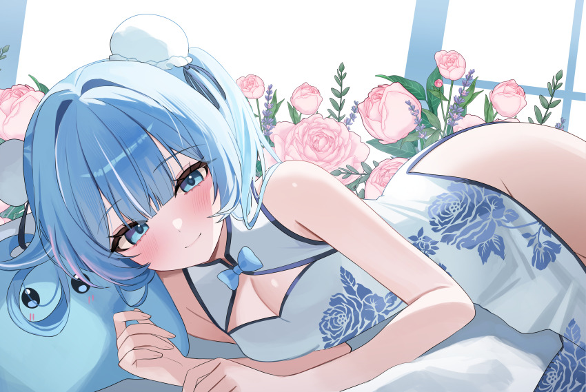 1girl absurdres arahashi_tabi bare_arms bare_shoulders blue_eyes blue_hair breasts bun_cover china_dress chinese_clothes cleavage cleavage_cutout closed_mouth clothing_cutout double_bun dress flower hair_bun highres long_hair looking_at_viewer lying nannung no_panties on_side pelvic_curtain pink_flower pungdangi_(arahashi_tabi) rose sleeveless sleeveless_dress small_breasts smile solo stellive thighs twintails virtual_youtuber white_dress