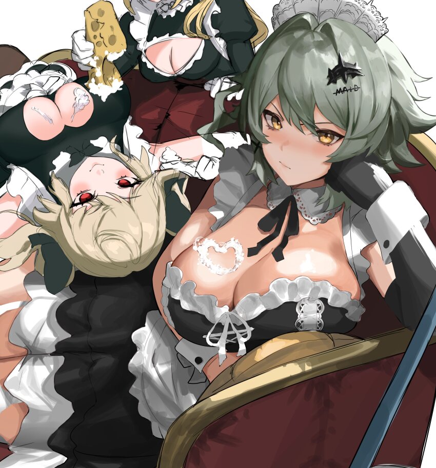 3girls absurdres alternate_costume blonde_hair blush breasts brown_eyes burnice_white caesar_king_(zenless_zone_zero) cleavage closed_mouth green_hair hair_between_eyes highres hirosenpai_(adamosina) large_breasts looking_at_viewer luciana_de_montefio maid maid_headdress multiple_girls red_eyes sidelocks sitting smile unfinished zenless_zone_zero