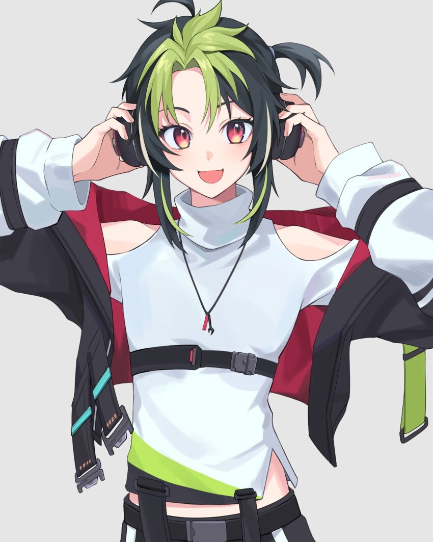 1boy :d adjusting_clothes adjusting_headwear ahoge androgynous bare_shoulders black_hair black_jacket clothing_cutout commentary_request fingernails green_hair grey_background hands_up highres inami_rai jacket long_sleeves male_focus medium_hair midriff multicolored_hair nijisanji one_side_up open_clothes open_jacket open_mouth parted_hair puffy_long_sleeves puffy_sleeves red_eyes renico shoulder_cutout simple_background smile solo streaked_hair sweater turtleneck turtleneck_sweater two-sided_fabric two-sided_jacket two-tone_hair virtual_youtuber white_sweater