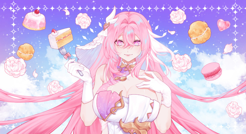 1girl absurdres bare_shoulders blue_sky breasts cake cake_slice cleavage cloud commentary_request corset elysia_(herrscher_of_human:_ego)_(honkai_impact) elysia_(honkai_impact) food fork gloves heart highres holding holding_fork honkai_(series) honkai_impact_3rd large_breasts long_hair looking_at_viewer pink_hair rirrenn sky smile solo strawberry_shortcake thai_commentary triquetra upper_body veil very_long_hair white_corset white_gloves white_veil