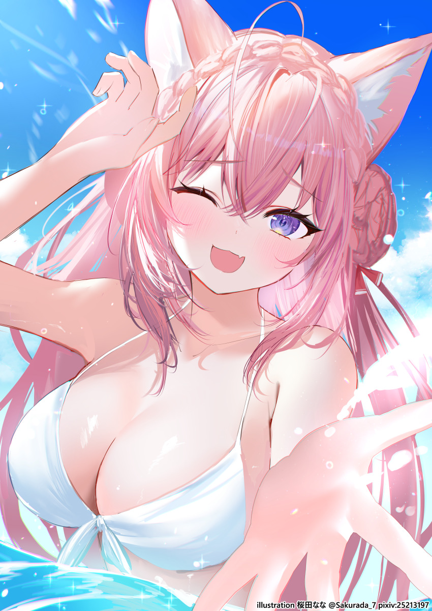 1girl :3 absurdres animal_ear_fluff animal_ears artist_name bikini blue_sky blush braid braided_bun breasts cleavage cloud cloudy_sky collarbone commentary_request crown_braid day double_bun fang front-tie_bikini_top front-tie_top hair_between_eyes hair_bun hair_ribbon hakui_koyori hand_up highres hololive large_breasts long_hair looking_at_viewer medium_breasts one_eye_closed open_hand open_mouth outdoors pink_hair pink_ribbon pixiv_id purple_eyes ribbon sakurada_nana skin_fang sky smile solo splashing swimsuit twitter_username virtual_youtuber water white_bikini wolf_ears wolf_girl