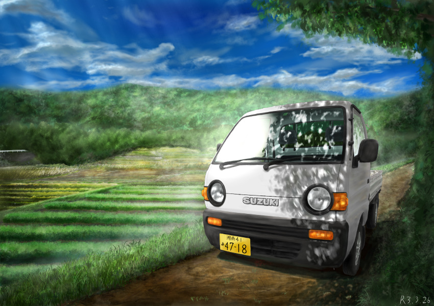 absurdres cloud highres license_plate ma-ra_shinja_4 motor_vehicle no_humans original pickup_truck rice_paddy scenery shadow sky suzuki_(company) suzuki_carry tree truck vehicle_focus