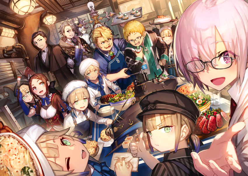 6+boys 6+girls :d :o absurdres ahoge anger_vein apron arms_up baker_nemo_(fate) beret black-framed_eyewear black_bow black_coat black_eyes black_gloves black_hair black_hat blonde_hair blue_apron blue_bow blue_eyes blue_gloves blue_hair blue_overalls blue_sailor_collar blue_shirt blunt_bangs book bow bowl bowtie bread brown_hair cake captain_nemo_(fate) captain_nemo_(first_ascension)_(fate) chaldea_logo chaldea_uniform closed_eyes closed_mouth coat collared_shirt cup cupcake dutch_angle engineer_nemo_(fate) eyes_visible_through_hair facial_hair fate/grand_order fate_(series) food glasses gloves goredolf_musik gradient_hair green_eyes grey_hair grin hair_between_eyes hair_bow hair_over_one_eye hair_slicked_back hand_on_own_chin hand_on_own_hip hand_up hat highres holding holding_book holding_brush holding_food holding_tongs holding_tray indoors industrial_pipe james_moriarty_(ruler)_(fate) jingle_abel_meuniere leonardo_da_vinci_(fate) leonardo_da_vinci_(fate/grand_order) leonardo_da_vinci_(rider)_(fate) leonardo_da_vinci_(rider)_(first_ascension)_(fate) long_hair long_sleeves looking_at_another looking_at_viewer low_ponytail map marine_nemo_(fate) mash_kyrielight meat medium_hair model_ship multicolored_hair multiple_boys multiple_girls mustache nakanishi_tatsuya napkin nemo_(fate) novum_chaldea nurse_nemo_(fate) one_eye_closed open_book open_clothes open_coat open_mouth outstretched_arm overalls paintbrush pasta pink_hair plate ponytail professor_nemo_(fate) puff_and_slash_sleeves puffy_short_sleeves puffy_sleeves purple_eyes purple_hair reaching reaching_towards_viewer round_eyewear sailor sailor_collar salad sherlock_holmes_(fate) shirt short_hair short_sleeves short_twintails shrimp sideways_glance sion_eltnam_(type-moon) sion_eltnam_sokaris smile spaghetti stairs stroking_own_chin table thumbs_up tongs tray turban twintails white_hat white_shirt