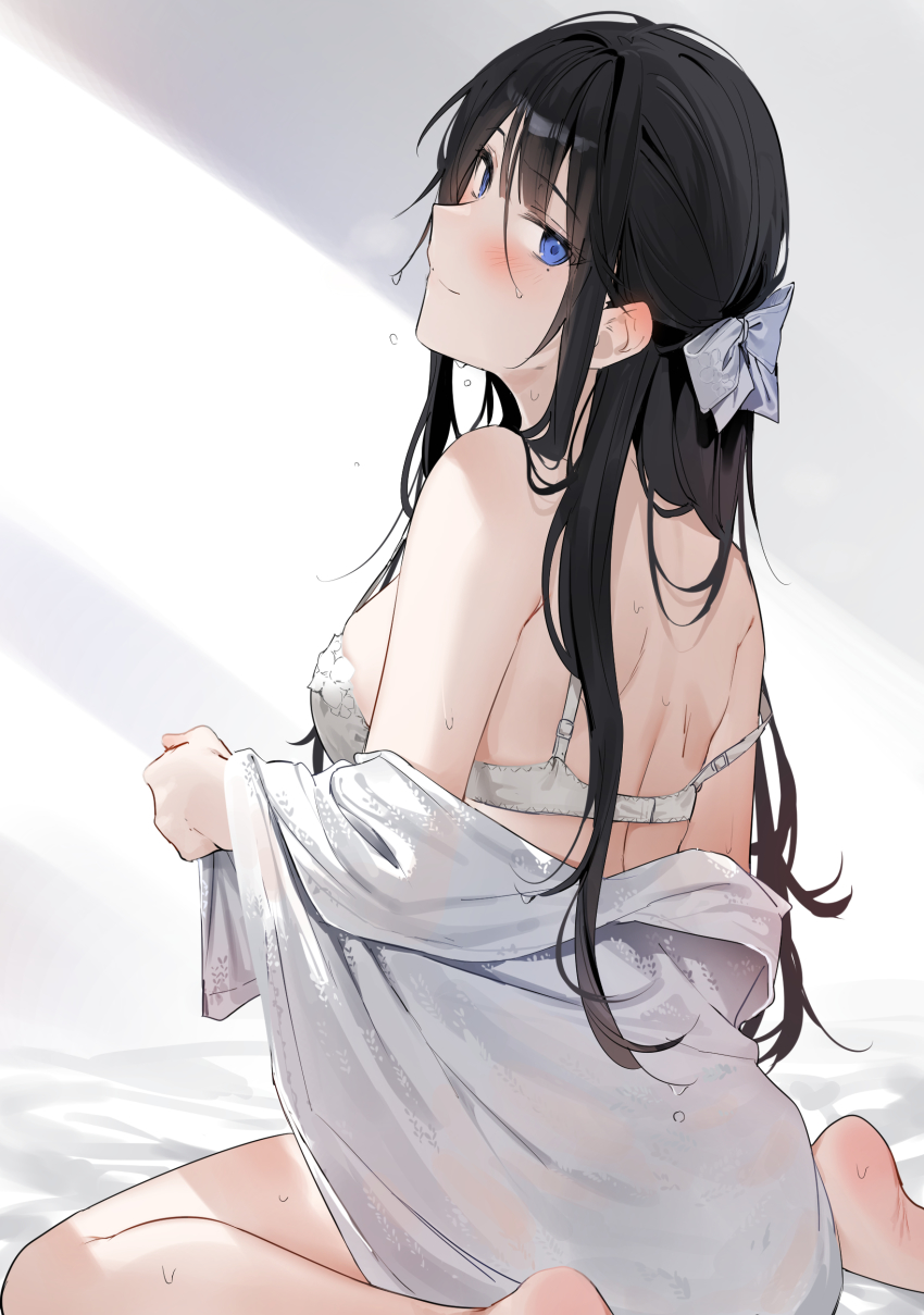 1girl absurdres bare_shoulders barefoot black_hair blue_eyes blush bra breasts closed_mouth from_behind hair_ornament highres large_breasts long_hair looking_at_viewer looking_back mole mole_under_eye off_shoulder original sitting smile solo underwear wariza white_bra xretakex