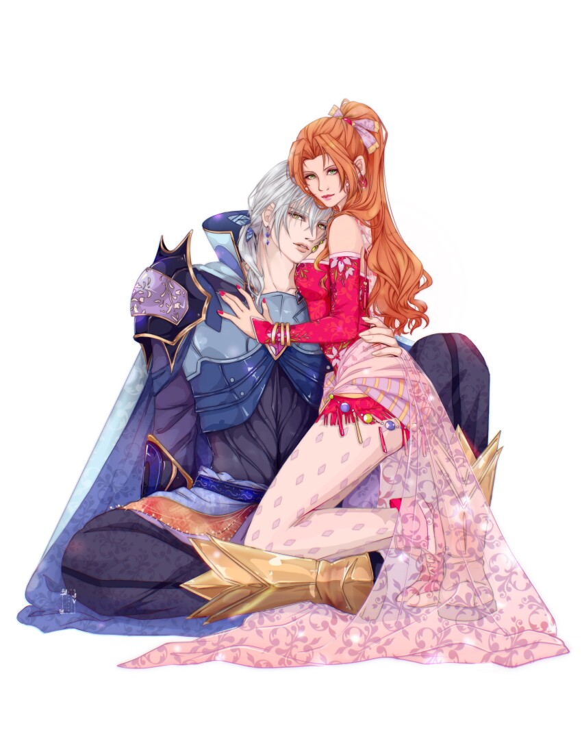 1boy 1girl absurdres aerith_gainsborough aerith_gainsborough_(terra&#039;s_garb) arm_around_waist armor armored_boots bare_shoulders black_pants blue_armor boots breasts brown_hair cosplay detached_sleeves dress earrings edgar_roni_figaro edgar_roni_figaro_(cosplay) final_fantasy final_fantasy_vi final_fantasy_vii final_fantasy_vii_ever_crisis full_body green_eyes grey_hair hair_bobbles hair_ornament hair_ribbon hand_on_another&#039;s_chest hetero highres jewelry low_ponytail medium_breasts nail_polish official_alternate_costume pants pantyhose parted_bangs parted_lips ponytail popped_collar print_pantyhose red_dress red_nails red_sleeves ribbon sash sephiroth sephiroth_(edgar&#039;s_attire) sephiroth_(ever_crisis) shanlieart short_hair shoulder_armor sitting strapless strapless_dress terra_branford_(cosplay) tina_branford tube_dress waist_sash white_background