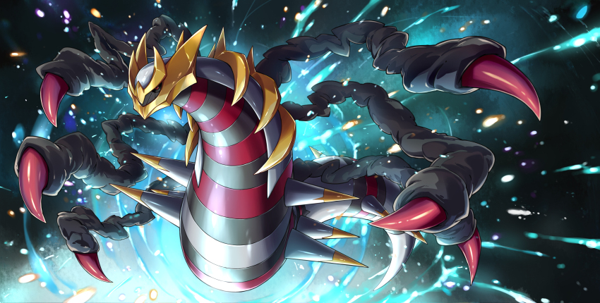 absurdres claws commentary_request creatures_(company) energy fish.boy full_body game_freak gen_4_pokemon giratina giratina_(origin) highres legendary_pokemon light_particles looking_to_the_side nintendo no_humans pokemon pokemon_(creature) red_eyes solo spikes