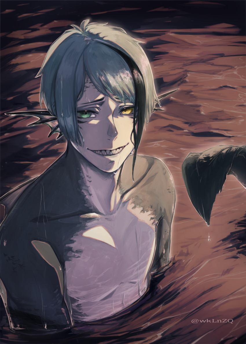 1boy absurdres blue_hair brown_background brown_eyes eel_boy fins grin head_fins heterochromia highres jade_leech looking_at_viewer male_focus monster_boy partially_submerged sharp_teeth short_hair smile solo teeth twisted_wonderland upper_body water wet wklnzq yellow_eyes