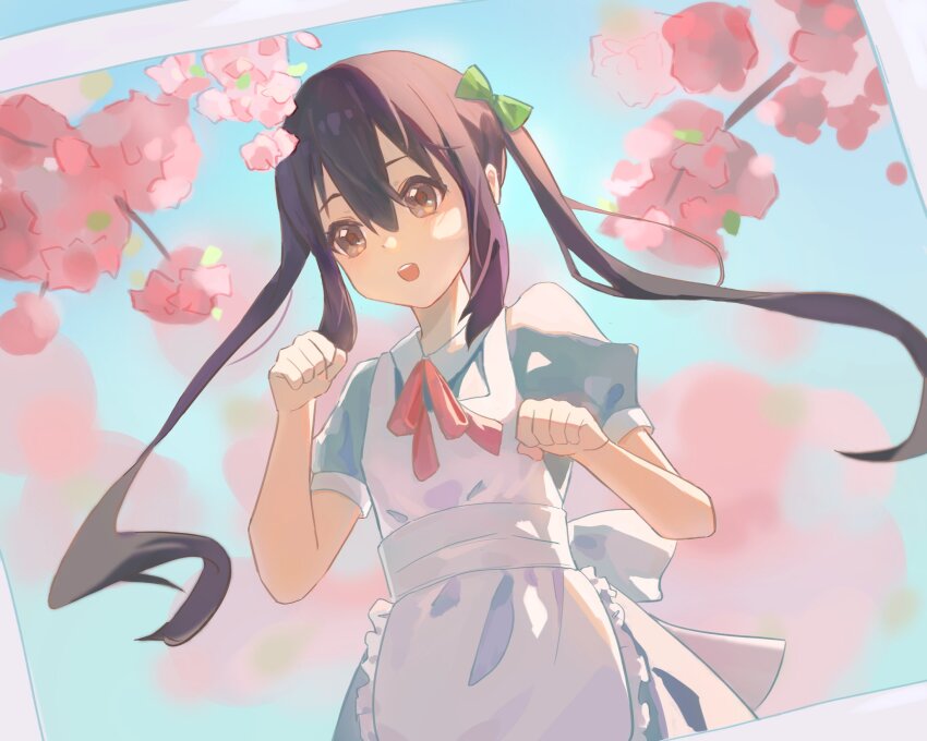 1girl apron black_hair blue_dress blush bow brown_eyes cherry_blossoms chinese_commentary commentary_request dress frilled_apron frills green_bow hair_between_eyes hair_bow highres hu_pi_xuan_jiao k-on! long_hair maid maid_apron nakano_azusa open_mouth paw_pose puffy_short_sleeves puffy_sleeves short_sleeves solo teeth twintails upper_teeth_only white_apron