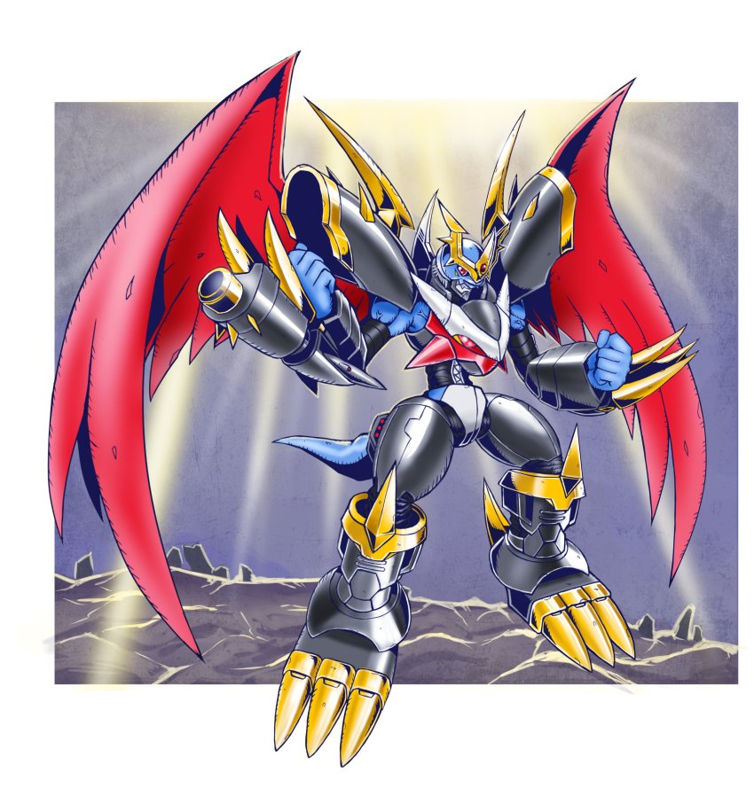 1boy absurdres arm_cannon artist_request digimon digimon_(creature) dragon_tail dragon_wings full_body highres imperialdramon imperialdramon_fighter_mode looking_at_viewer no_humans tail weapon wings