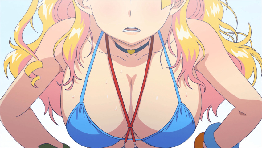 1girl anime_screenshot bikini bikini_top_only blonde_hair blue_bikini breasts choker cleavage galko hands_up hanging_breasts head_out_of_frame highres huge_breasts leaning_forward open_mouth oshiete!_galko-chan pov solo stitched swimsuit third-party_edit wet