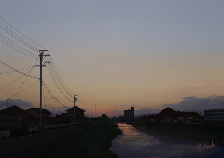 alu.m_(alpcmas) building canal cloud commentary_request contrail evening house no_humans original power_lines scenery signature sky urban utility_pole water