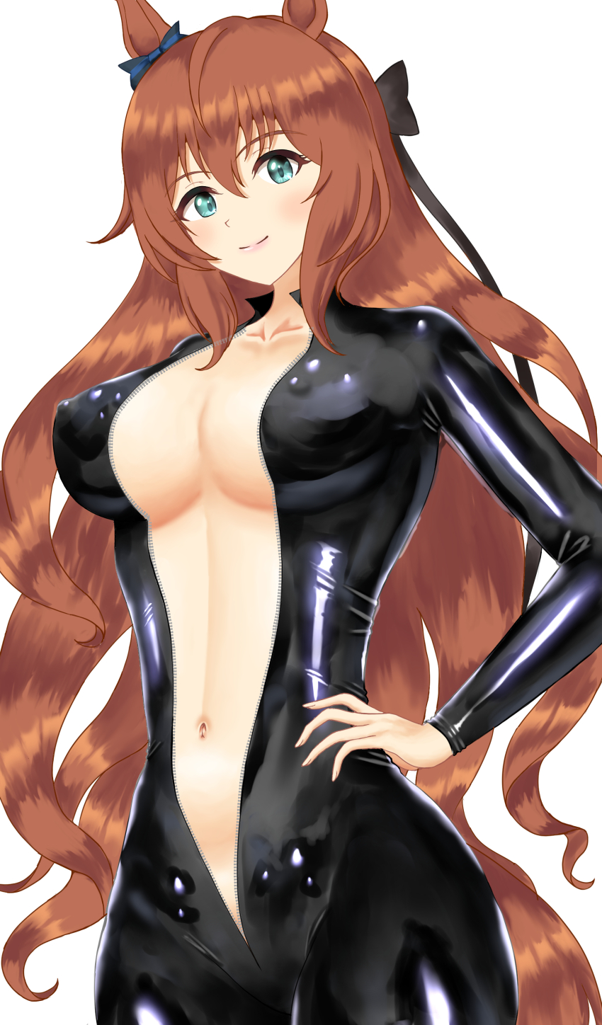 1girl absurdres alternate_costume animal_ears biker_clothes bikesuit black_bow blue_bow blue_eyes blush bodysuit bow breasts brown_hair cleavage commentary_request cowboy_shot ear_bow hair_bow hand_on_own_hip highres horse_ears horse_girl horse_tail kshr_(stwdg115) large_breasts long_hair long_sleeves maruzensky_(umamusume) navel simple_background smile solo tail umamusume unzipped very_long_hair white_background