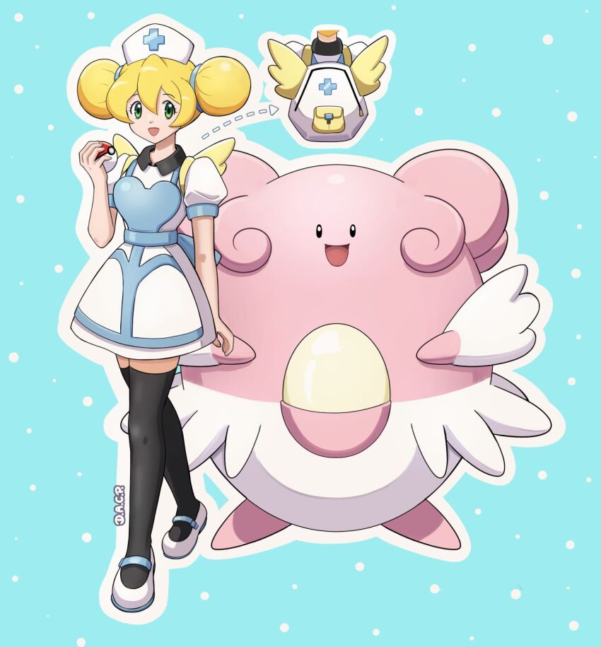 1girl black_thighhighs blissey blonde_hair blue_background cinnamon_(mega_man) creatures_(company) crossover deniacp double_bun dress full_body game_freak gen_2_pokemon hair_bun hat highres holding holding_poke_ball mega_man_(series) mega_man_x:_command_mission mega_man_x_(series) nintendo nurse_cap poke_ball pokemon pokemon_(creature) simple_background thighhighs white_dress white_footwear