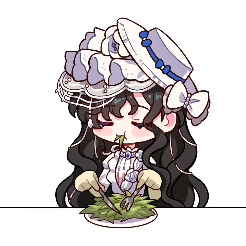 1girl black_hair bow chibi closed_eyes dress eating fork gloves grass haihaiera hat hat_bow highres holding holding_fork holding_knife isolde_(reverse:1999) knife long_hair mouth_hold plate reverse:1999 solo stalk_in_mouth tilted_headwear veil wavy_hair white_background white_bow white_dress white_hat white_veil yellow_gloves