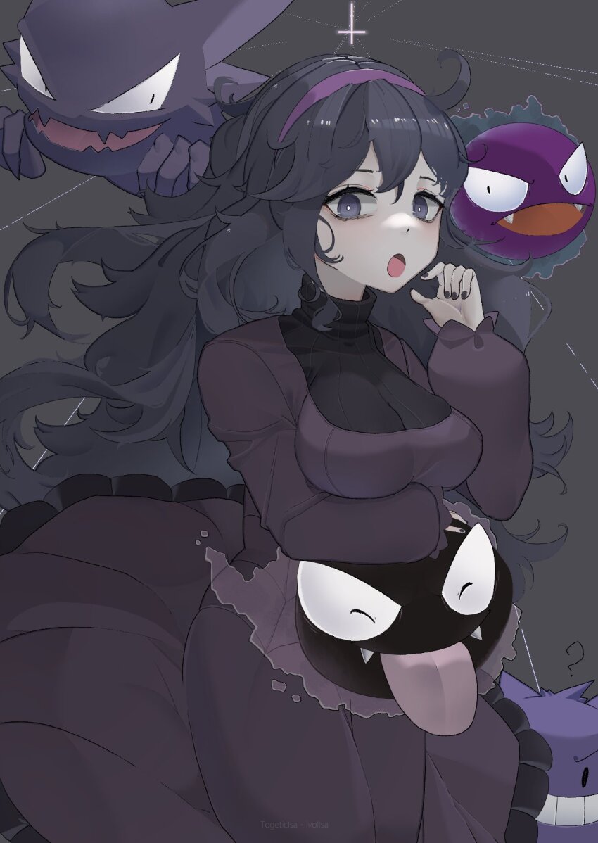 1girl black_nails breasts creatures_(company) dress game_freak gastly gen_1_pokemon gengar hairband haunter hex_maniac_(pokemon) highres looking_at_viewer nintendo pokemon pokemon_(creature) pokemon_xy purple_hairband solo togeticisa