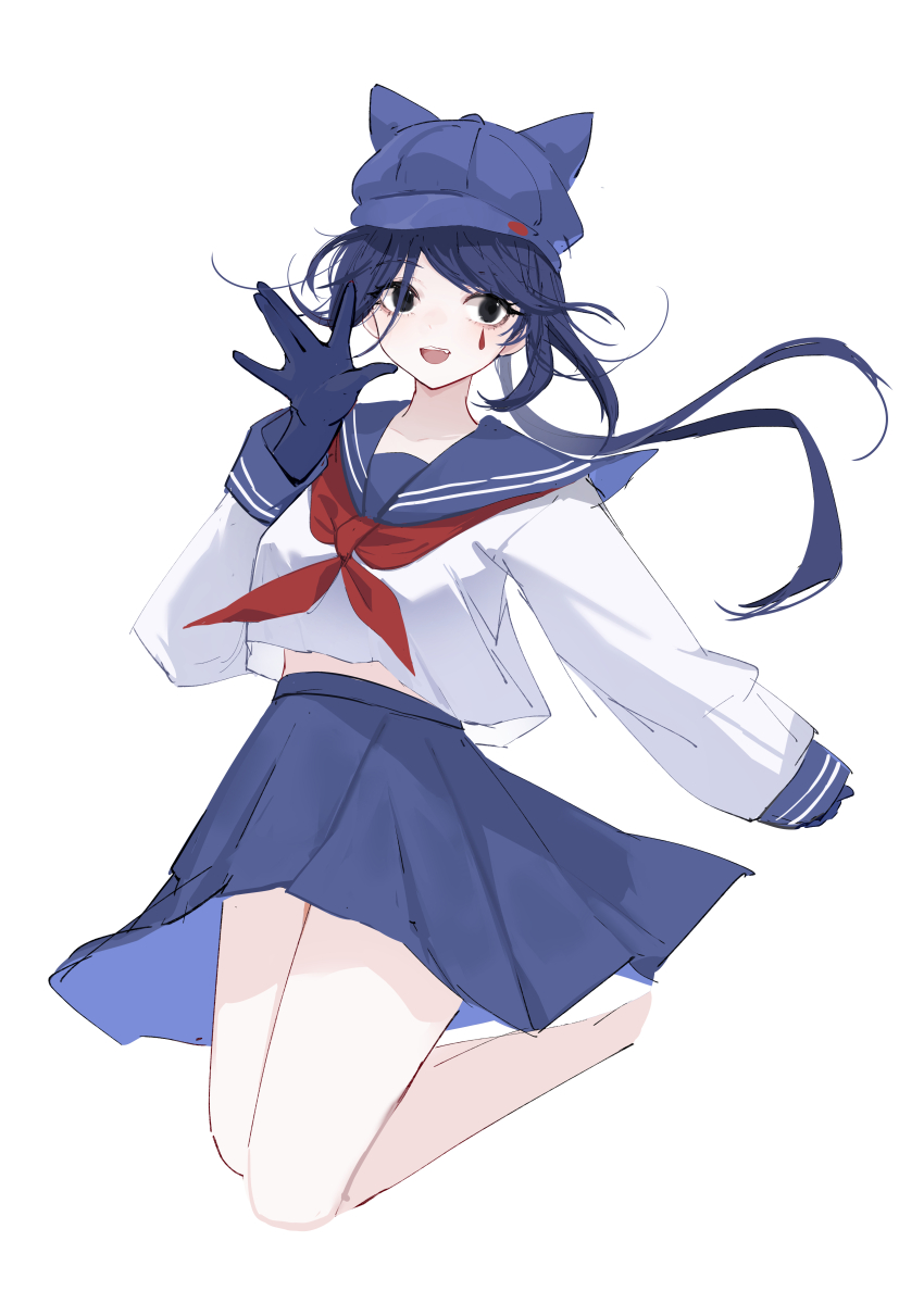 1girl absurdres animal_ear_headwear animal_ears baseball_cap black_eyes blue_gloves blue_hair blue_hat blue_sailor_collar blue_skirt commentary cool_mita_(miside) cropped_legs fake_animal_ears gloves hat highres long_sleeves looking_at_viewer miniskirt miside mita_(miside) neckerchief open_mouth red_neckerchief reiami sailor_collar school_uniform serafuku shirt simple_background skirt smile solo symbol-only_commentary tattoo teardrop_tattoo white_background white_shirt