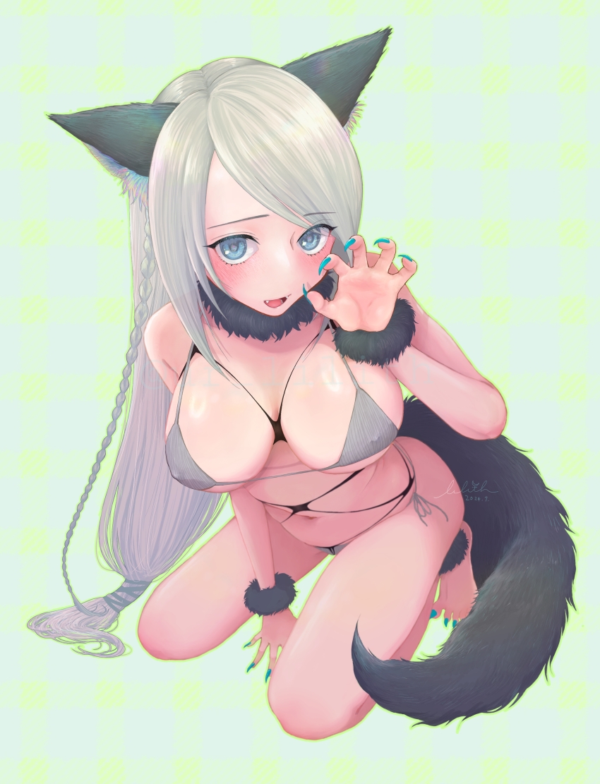 1girl absurdres animal_ears barefoot bikini bracelet braid breasts claw_pose covered_erect_nipples fangs final_fantasy final_fantasy_xvi fingernails fur_anklet fur_bracelet fur_collar grey_bikini grey_hair highres jewelry jill_warrick kneeling large_breasts long_fingernails long_hair long_toenails looking_at_viewer low-tied_long_hair micro_bikini open_mouth sharp_fingernails sharp_toenails side-tie_bikini_bottom single_braid smile solo swimsuit tail toenails ur_lilith very_long_hair wolf_ears wolf_tail