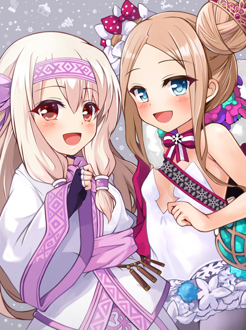 2girls abigail_williams_(fate) abigail_williams_(santa)_(fate) ainu_clothes bare_shoulders blonde_hair blue_eyes blush bow breasts cloak double_bun dress fate/grand_order fate_(series) fingerless_gloves forehead fur-trimmed_cloak fur_trim gloves hair_bow hair_bun hairband highres long_hair long_sleeves looking_at_viewer mochi_(k620803n) multiple_girls open_mouth parted_bangs purple_gloves purple_hairband purple_scarf red_bow red_cloak red_eyes sash scarf shirt sidelocks sitonai_(fate) skirt small_breasts smile stuffed_animal stuffed_toy teddy_bear tiara white_bow white_dress white_hair white_shirt white_skirt