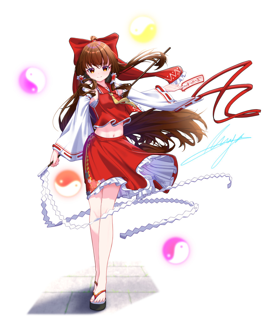 1girl absurdres ascot bow brown_eyes brown_hair closed_mouth commentary detached_sleeves frilled_bow frilled_hair_tubes frills full_body gohei hair_bow hair_tubes hakurei_reimu highres holding holding_gohei long_hair looking_at_viewer mayou940114 navel okobo red_bow red_skirt ribbon-trimmed_sleeves ribbon_trim sandals signature skirt skirt_set smile solo standing tachi-e touhou very_long_hair yin_yang