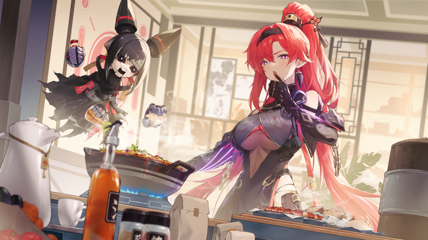 1girl absurdres bare_shoulders black_hairband breasts bright_pupils cooking dress earrings gloves hair_between_eyes hair_ornament hairband high_ponytail highres indoors jewelry jiusan_naitang kitchen long_hair looking_at_viewer mascot_costume mole mole_under_each_eye mole_under_eye multiple_moles pointy_ears purple_eyes red_hair smile stove tacet_mark_(wuthering_waves) very_long_hair white_pupils wuthering_waves yinlin_(wuthering_waves)