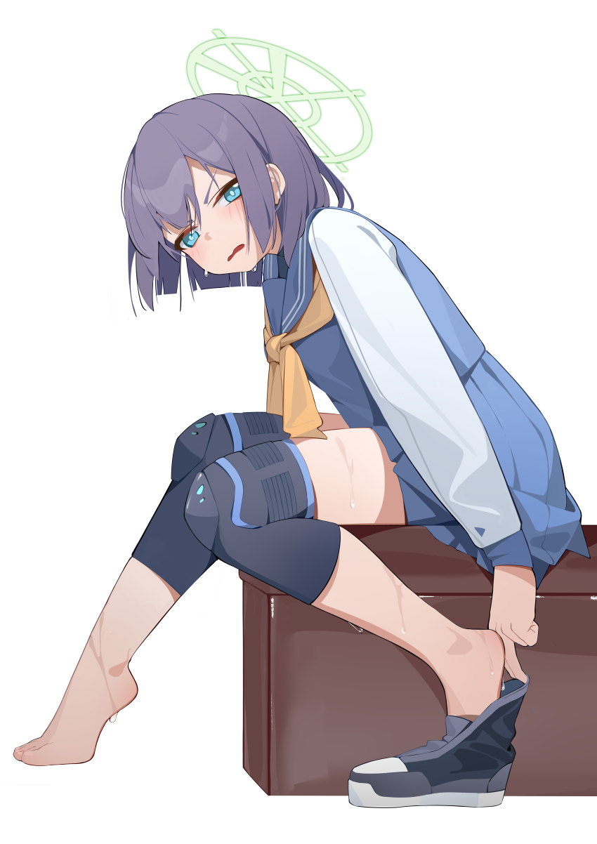 1girl absurdres aqua_halo black_hair blue_archive blue_eyes blue_skirt feet from_side full_body halo highres knee_pads long_sleeves looking_at_viewer looking_to_the_side neckerchief open_mouth saki_(blue_archive) shoes short_hair simple_background single_shoe sitting skirt solo sp_(8454) sweat white_background yellow_neckerchief