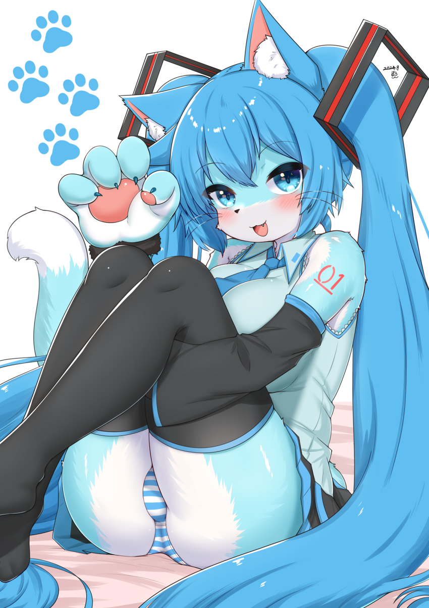 1girl :3 animal_ear_fluff animal_ears animal_hands ass bare_shoulders black_sleeves black_thighhighs blue_eyes blue_gloves blue_hair blue_necktie blue_stripes blue_trim blush breasts cat_ears cat_girl cat_tail claw_pose collared_shirt dated detached_sleeves fang feet_out_of_frame fur-trimmed_gloves fur_trim furry furry_female gloves grey_shirt hair_between_eyes hair_ornament hand_on_own_leg hand_up hatsune_miku highres horokusa_(korai) hugging_own_legs knees_up large_breasts legs_together long_hair long_sleeves looking_at_viewer miniskirt necktie number_tattoo open_mouth panties paw_gloves paw_print paw_print_background pleated_skirt shirt sitting skirt sleeveless sleeveless_shirt smile solo straight_hair striped_clothes striped_panties tail tail_raised tattoo thighhighs twintails underwear very_long_hair vocaloid white_background white_stripes