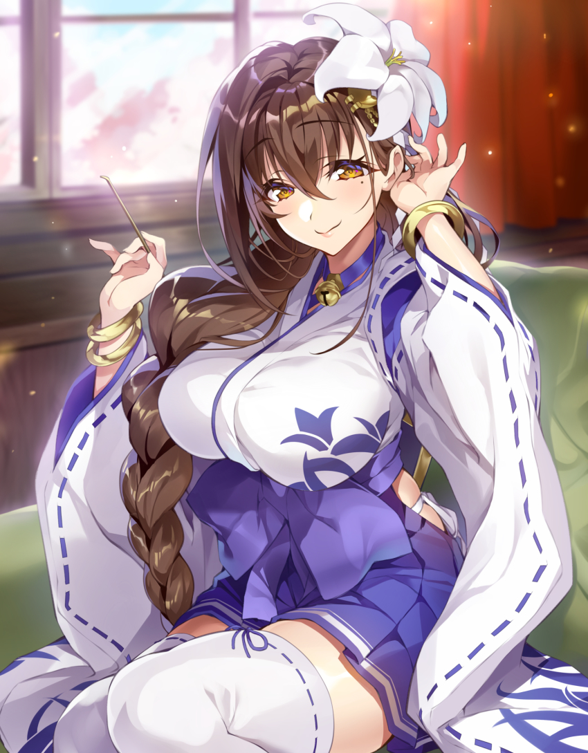 1girl bell blue_ribbon blue_skirt blush bracelet braid breasts brown_eyes brown_hair closed_mouth commentary_request couch curtains day female_focus flower hair_between_eyes hair_flower hair_ornament hair_over_shoulder hakama hakama_short_skirt hakama_skirt highres hip_vent holding indoors japanese_clothes jewelry jingle_bell kanpani_girls large_breasts lily_(flower) lips long_hair long_sleeves looking_at_viewer mimikaki mole mole_under_eye name_connection object_namesake panties ribbon ribbon-trimmed_legwear ribbon-trimmed_sleeves ribbon_trim senri_gan shirayuri_sakura side-tie_panties single_braid sitting skirt smile solo thighhighs underwear very_long_hair white_flower white_panties white_thighhighs window zettai_ryouiki