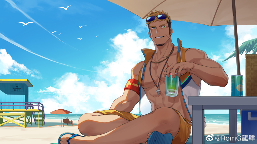 00047 1boy abs absurdres bara bare_arms bare_pectorals bare_shoulders beach blonde_hair brown_hair cloud cloudy_sky commission crossed_legs cup dark-skinned_male dark_skin ear_piercing eyewear_on_head facial_hair facial_scar goatee highres holding holding_cup jacket large_pectorals lifeguard long_sideburns male_focus male_swimwear mature_male multicolored_hair muscular muscular_male nipples open_clothes open_jacket original pectorals piercing romg sandals scar scar_across_eye scar_on_cheek scar_on_face short_hair sideburns sky sleeveless sleeveless_jacket smile solo spiked_hair stomach sunglasses swim_trunks thick_eyebrows two-tone_hair undercut whistle whistle_around_neck yellow_male_swimwear